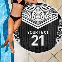 New Zealand Black Fern Custom Beach Blanket Maori Tukutuku Black-white Motif