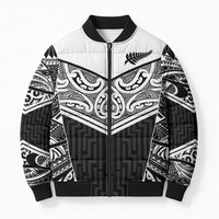 New Zealand Black Fern Custom Bomber Puffer Jacket Maori Tukutuku Black-white Motif - Polynesian Pride