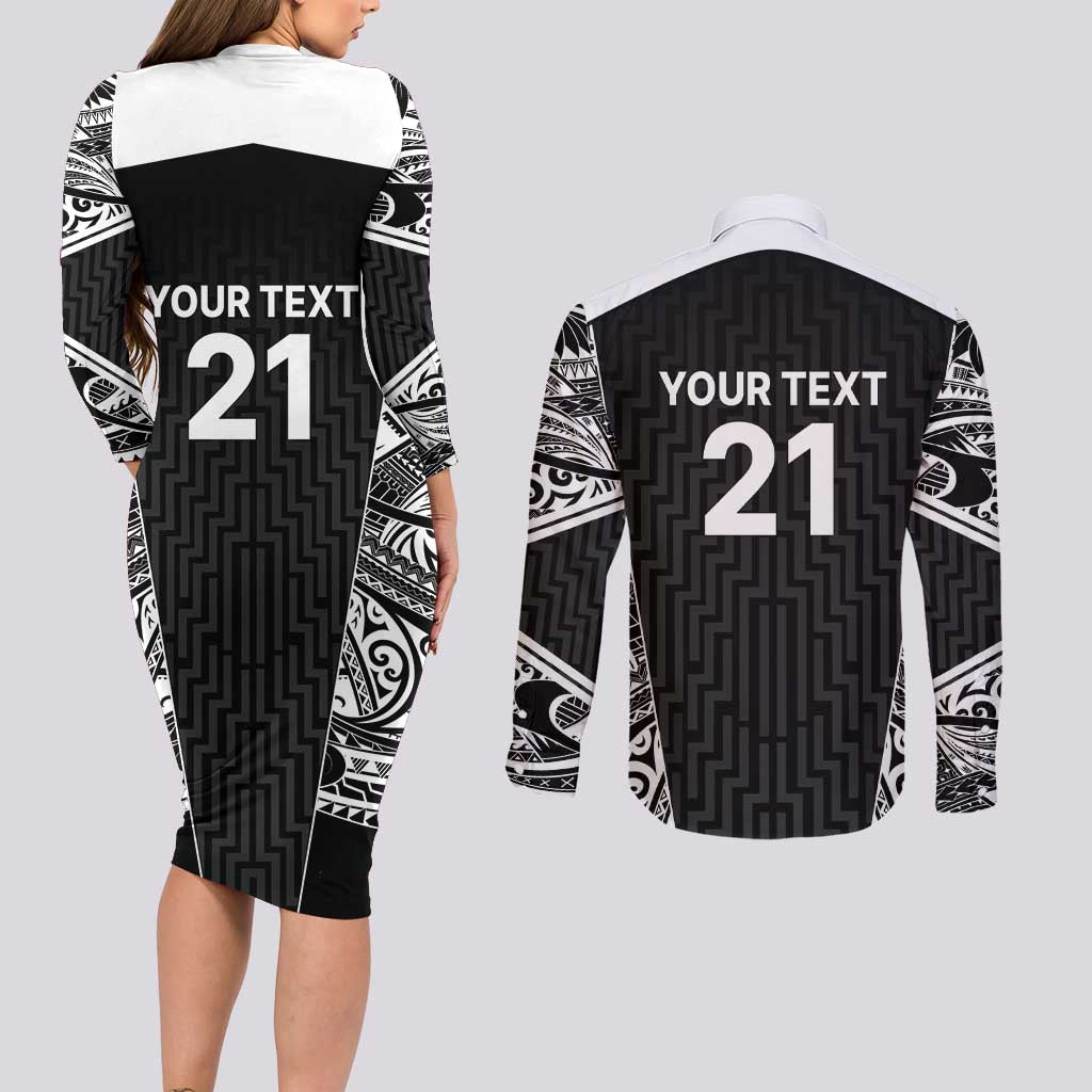 New Zealand Black Fern Custom Couples Matching Long Sleeve Bodycon Dress and Long Sleeve Button Shirt Maori Tukutuku Black-white Motif
