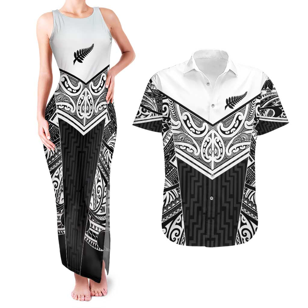 New Zealand Black Fern Custom Couples Matching Tank Maxi Dress and Hawaiian Shirt Maori Tukutuku Black-white Motif