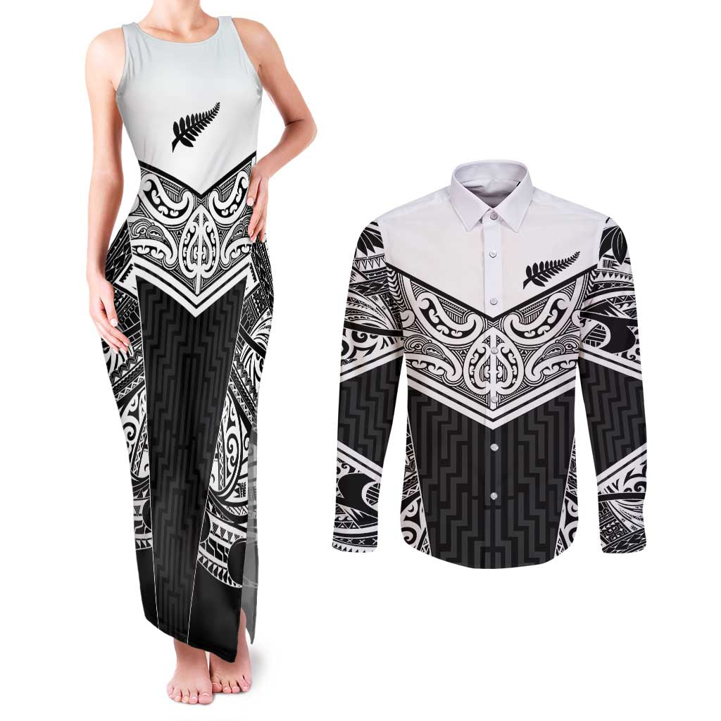 New Zealand Black Fern Custom Couples Matching Tank Maxi Dress and Long Sleeve Button Shirt Maori Tukutuku Black-white Motif