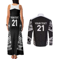 New Zealand Black Fern Custom Couples Matching Tank Maxi Dress and Long Sleeve Button Shirt Maori Tukutuku Black-white Motif