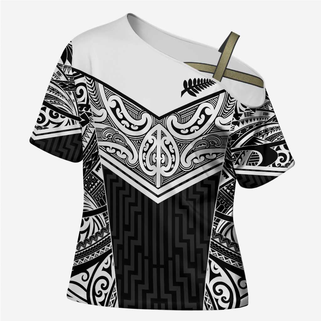 New Zealand Black Fern Custom Cross Shoulder Shirt Maori Tukutuku Black-white Motif - Polynesian Pride