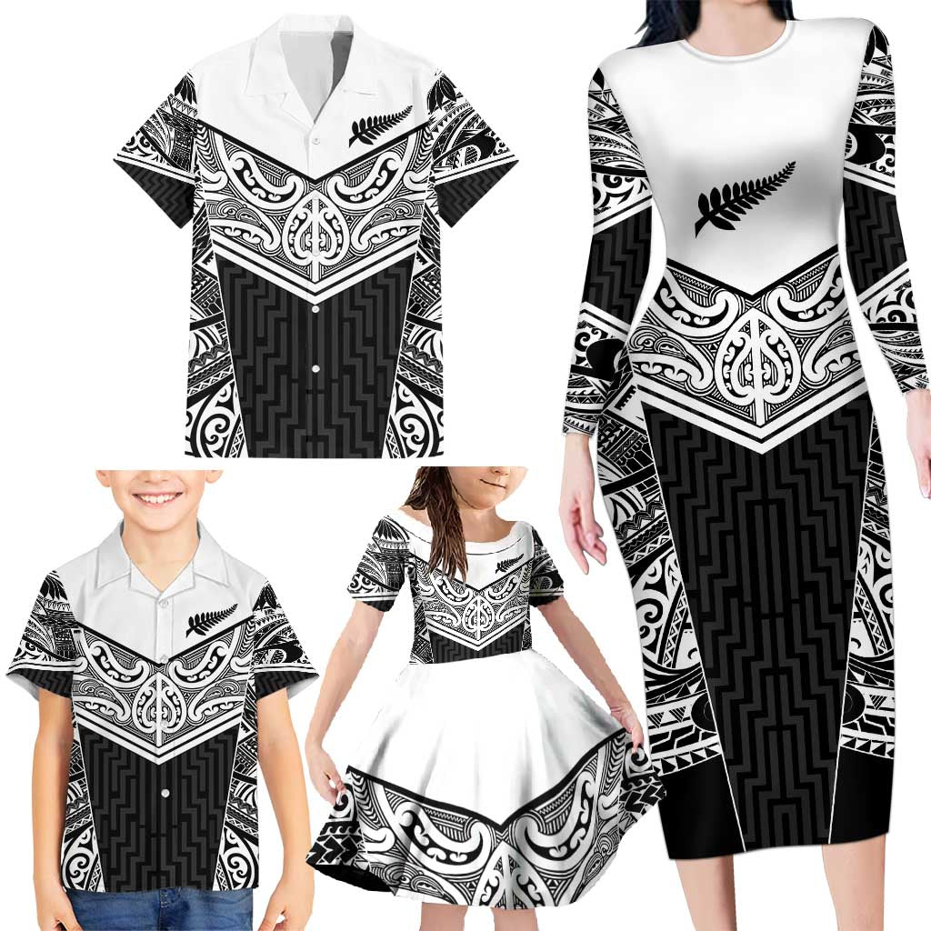 New Zealand Black Fern Custom Family Matching Long Sleeve Bodycon Dress and Hawaiian Shirt Maori Tukutuku Black-white Motif