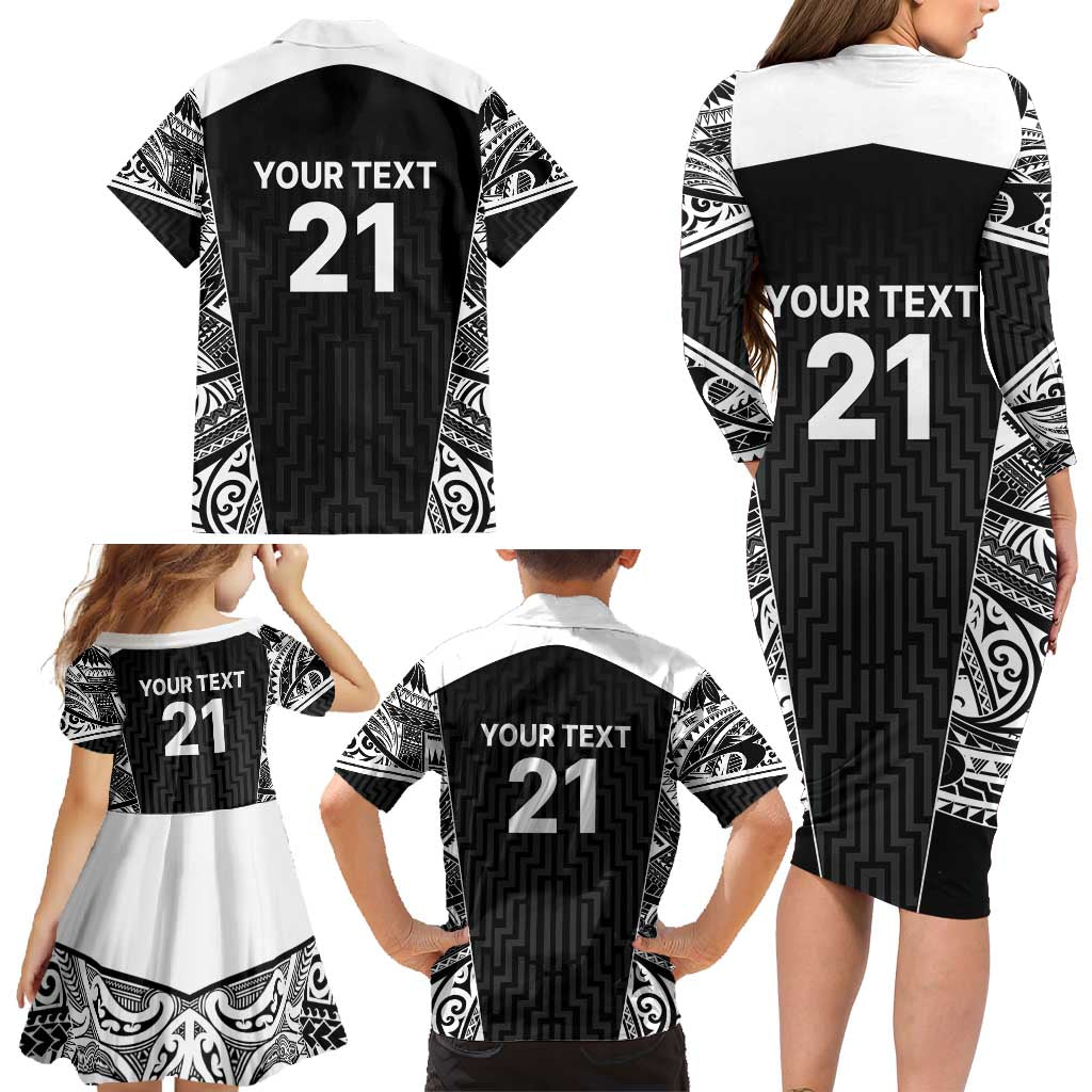 New Zealand Black Fern Custom Family Matching Long Sleeve Bodycon Dress and Hawaiian Shirt Maori Tukutuku Black-white Motif