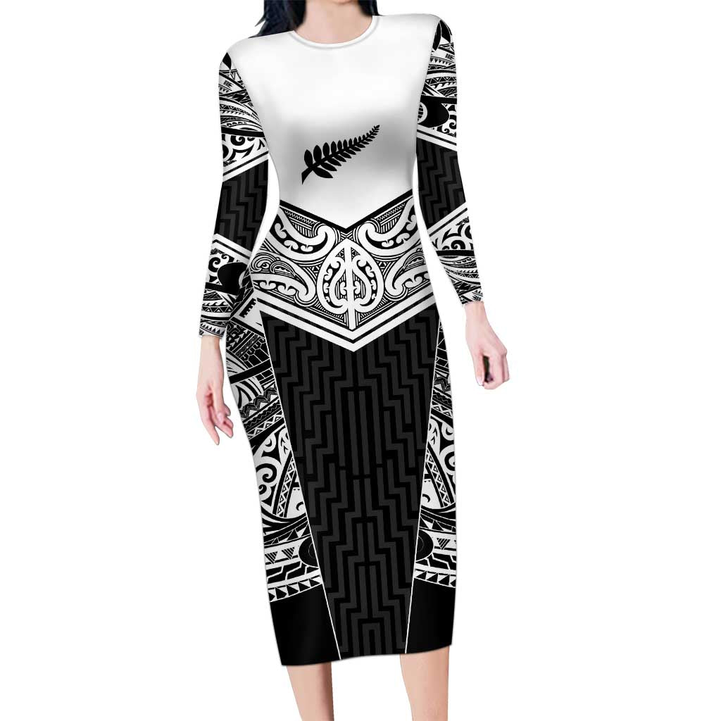 New Zealand Black Fern Custom Family Matching Long Sleeve Bodycon Dress and Hawaiian Shirt Maori Tukutuku Black-white Motif
