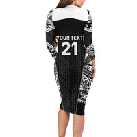 New Zealand Black Fern Custom Family Matching Long Sleeve Bodycon Dress and Hawaiian Shirt Maori Tukutuku Black-white Motif