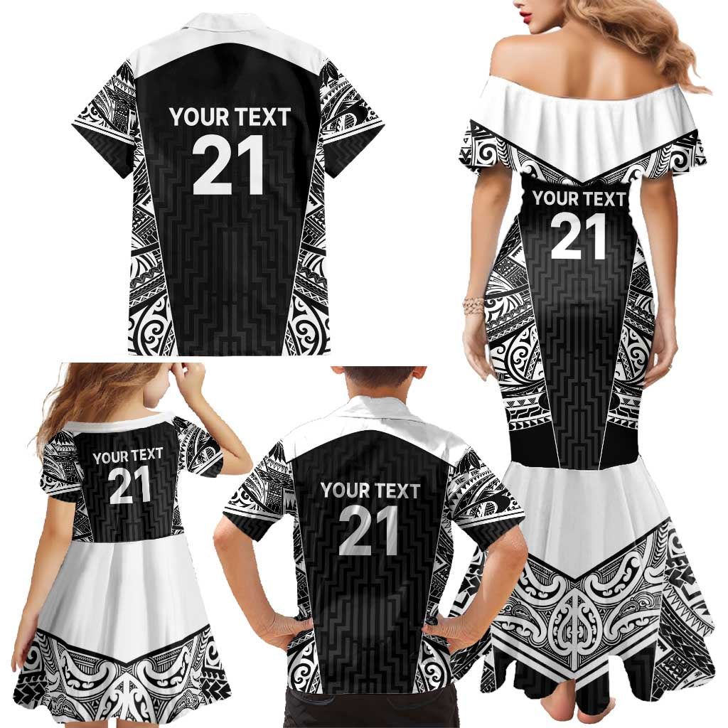 New Zealand Black Fern Custom Family Matching Mermaid Dress and Hawaiian Shirt Maori Tukutuku Black-white Motif