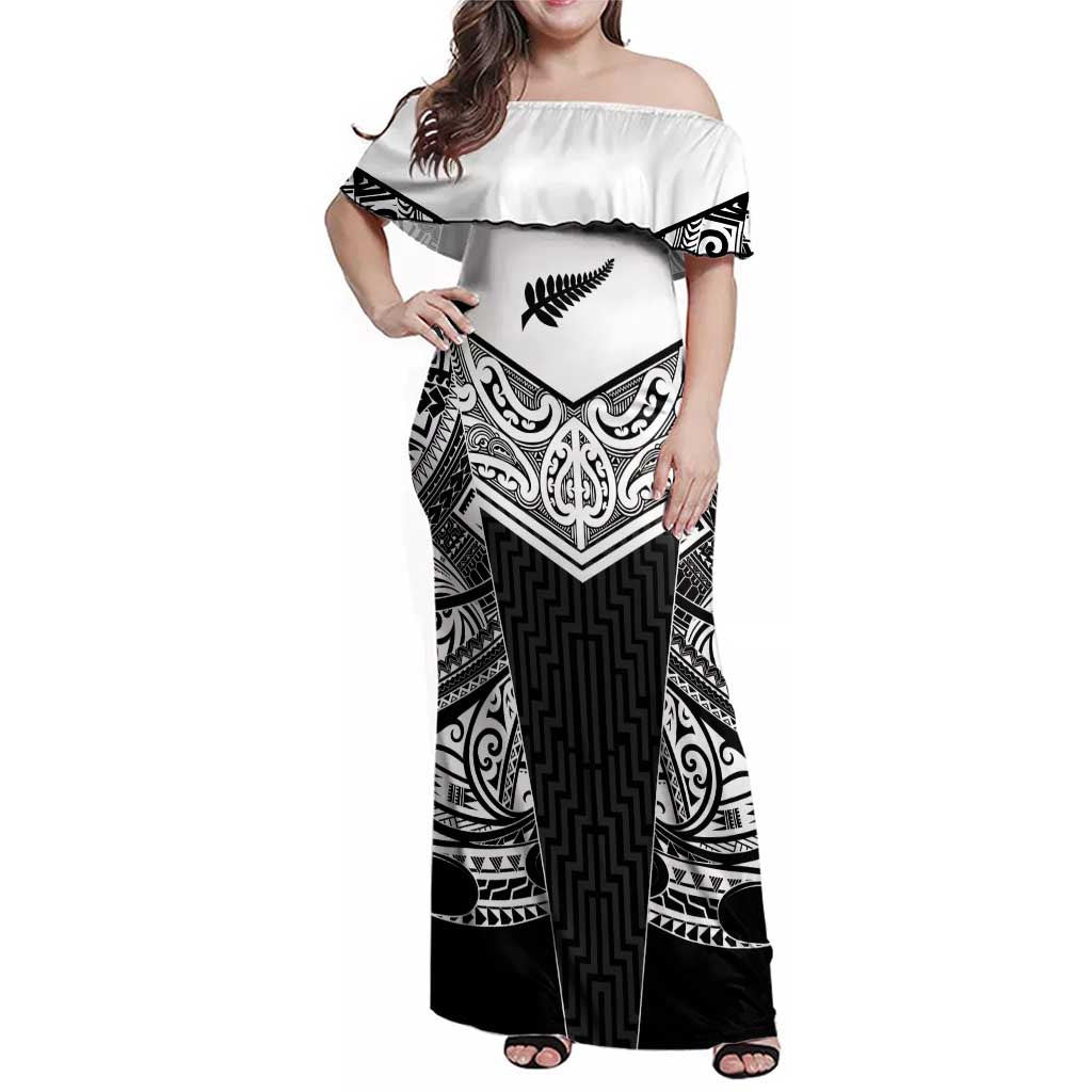 New Zealand Black Fern Custom Family Matching Off Shoulder Maxi Dress and Hawaiian Shirt Maori Tukutuku Black-white Motif