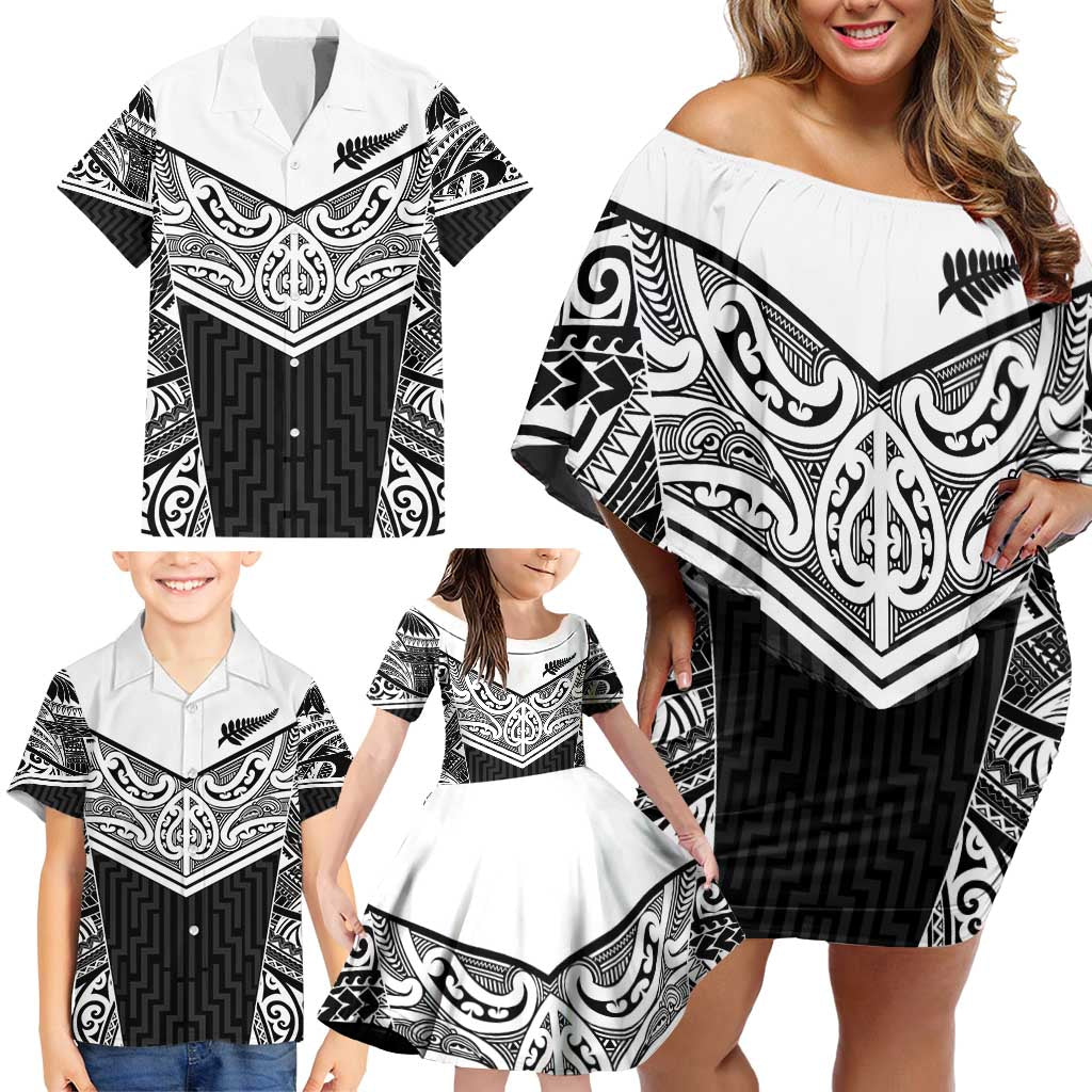 New Zealand Black Fern Custom Family Matching Off Shoulder Short Dress and Hawaiian Shirt Maori Tukutuku Black-white Motif