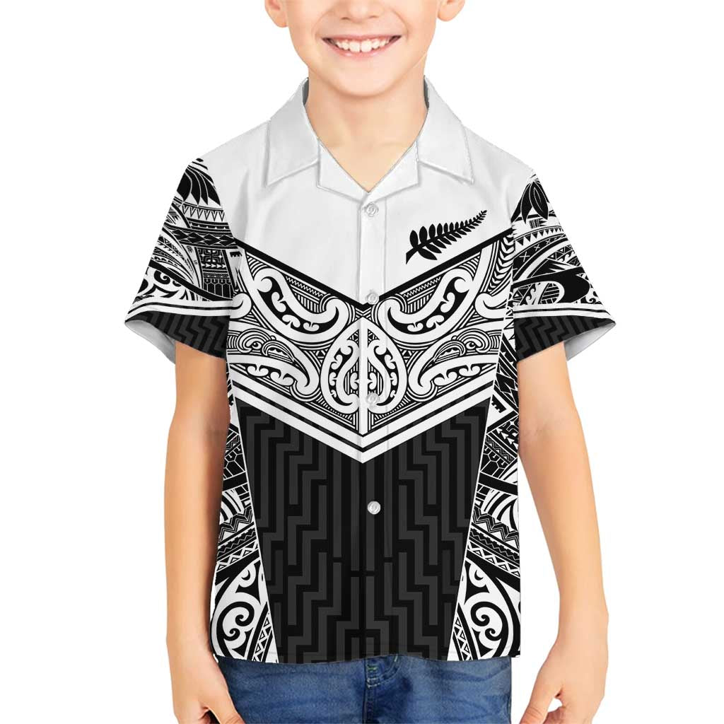 New Zealand Black Fern Custom Family Matching Puletasi and Hawaiian Shirt Maori Tukutuku Black-white Motif LT9 Son's Shirt White - Polynesian Pride