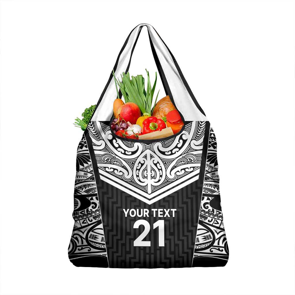 New Zealand Black Fern Custom Grocery Bag Maori Tukutuku Black-white Motif