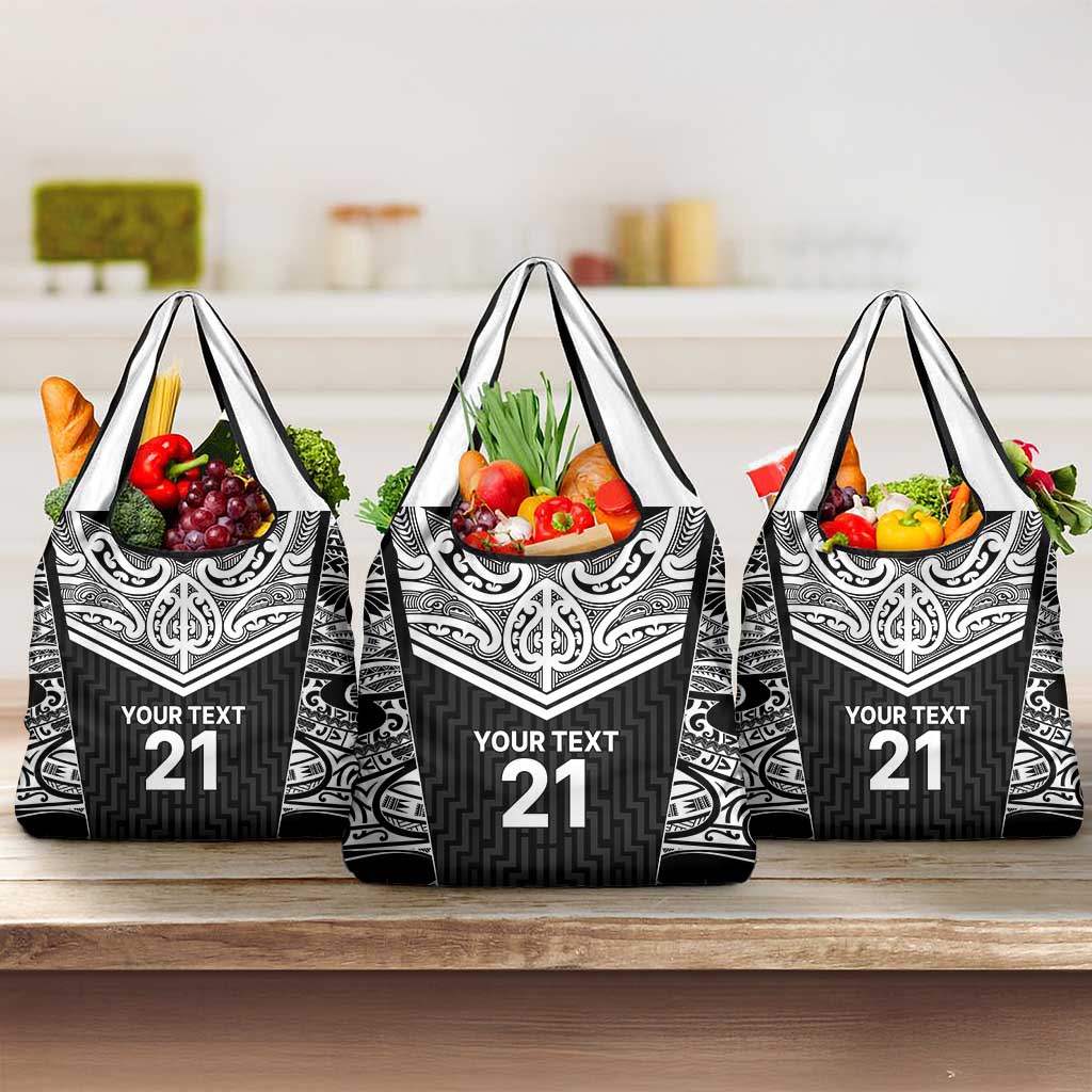 New Zealand Black Fern Custom Grocery Bag Maori Tukutuku Black-white Motif