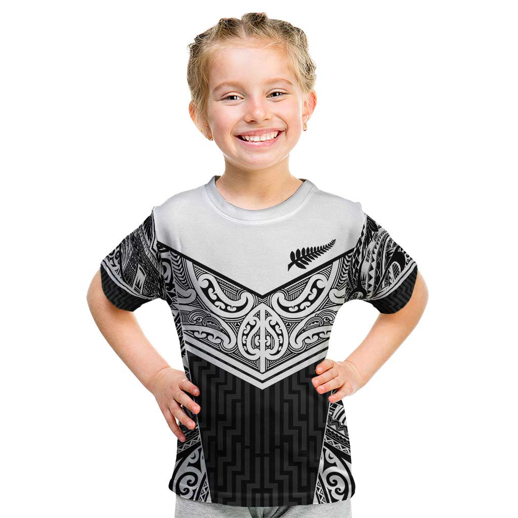 New Zealand Black Fern Custom Kid T Shirt Maori Tukutuku Black-white Motif