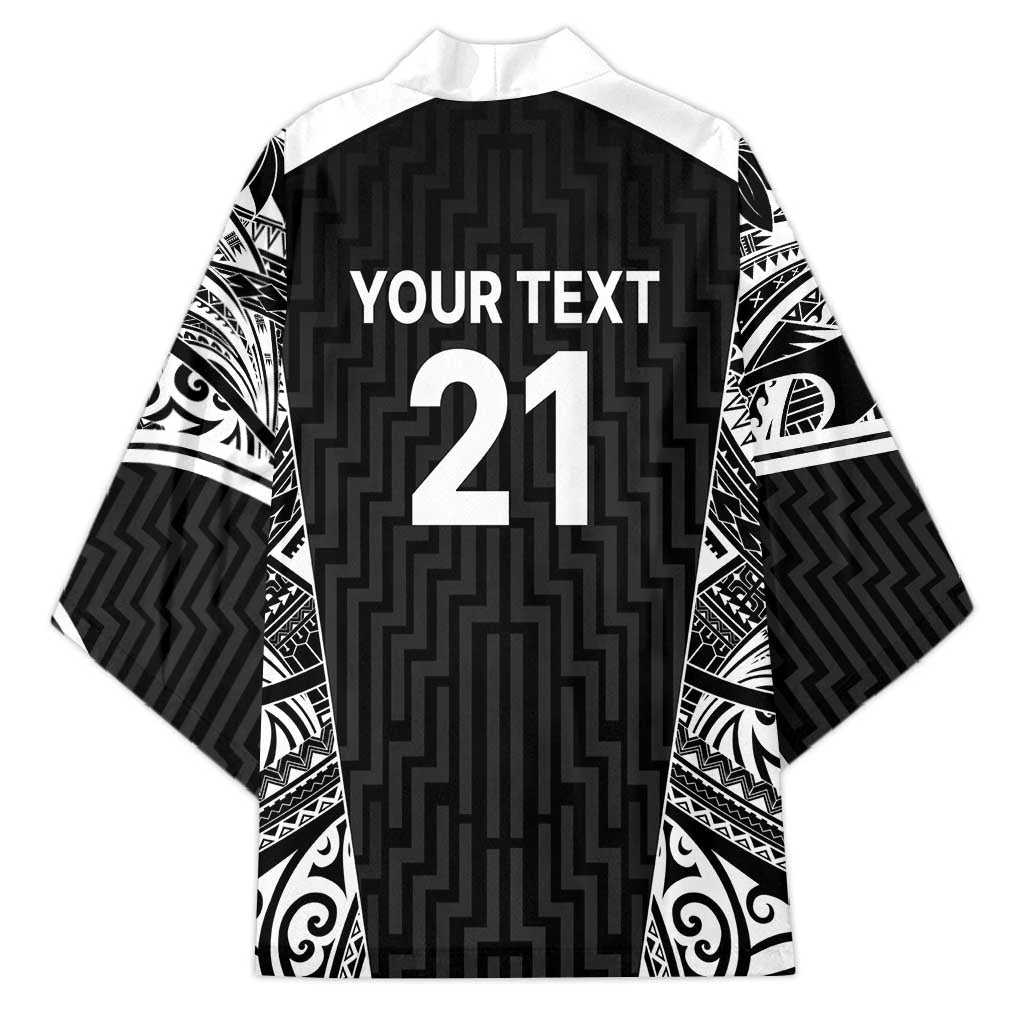 New Zealand Black Fern Custom Kimono Maori Tukutuku Black-white Motif - Polynesian Pride