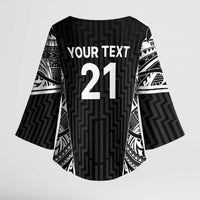 New Zealand Black Fern Custom Kimono Sleeve Blouse Maori Tukutuku Black-white Motif - Polynesian Pride