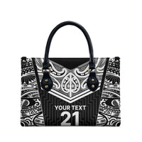 New Zealand Black Fern Custom Leather Bag Maori Tukutuku Black-white Motif - Polynesian Pride