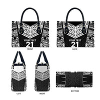 New Zealand Black Fern Custom Leather Bag Maori Tukutuku Black-white Motif - Polynesian Pride