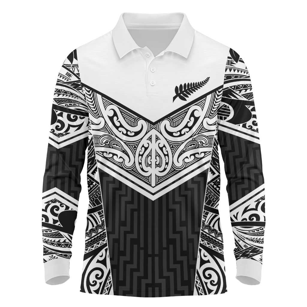 New Zealand Black Fern Custom Long Sleeve Polo Shirt Maori Tukutuku Black-white Motif