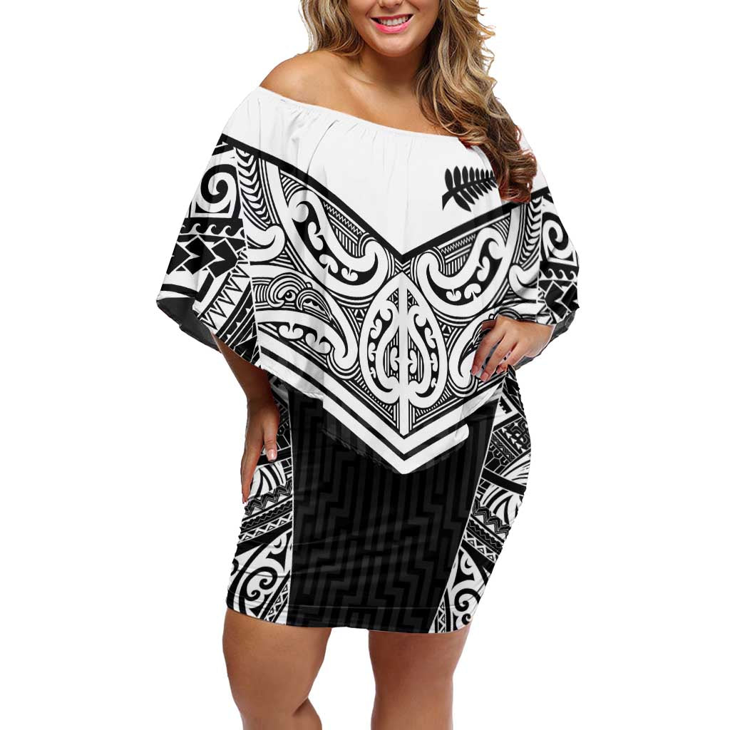 New Zealand Black Fern Custom Off Shoulder Short Dress Maori Tukutuku Black-white Motif