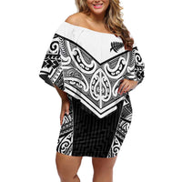 New Zealand Black Fern Custom Off Shoulder Short Dress Maori Tukutuku Black-white Motif