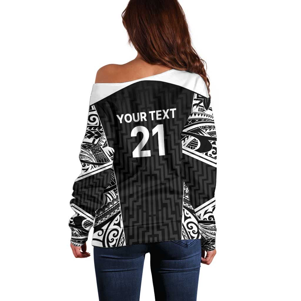 New Zealand Black Fern Custom Off Shoulder Sweater Maori Tukutuku Black-white Motif