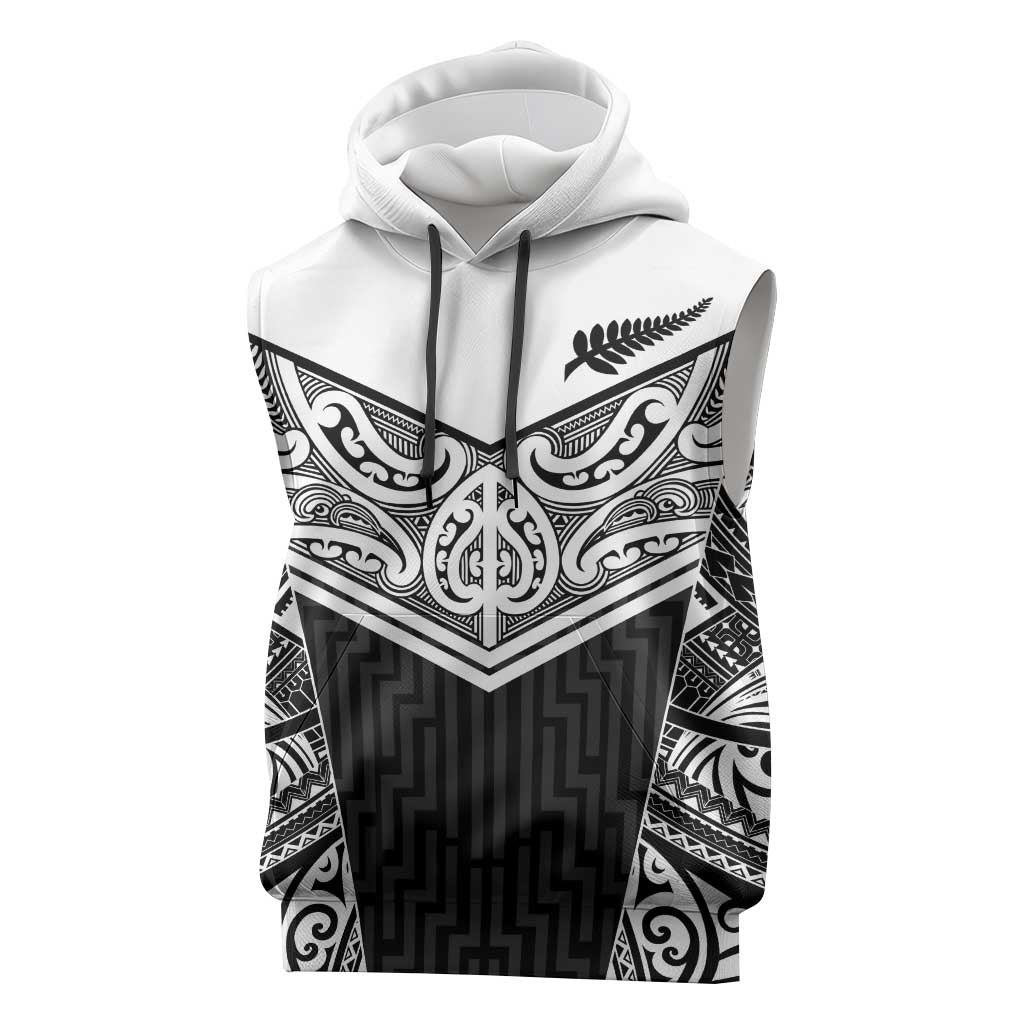 New Zealand Black Fern Custom Sleeveless Hoodie Maori Tukutuku Black-white Motif - Polynesian Pride