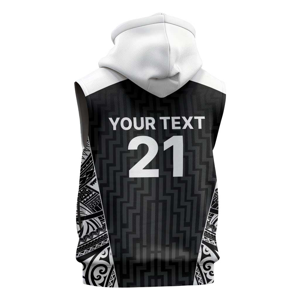 New Zealand Black Fern Custom Sleeveless Hoodie Maori Tukutuku Black-white Motif - Polynesian Pride