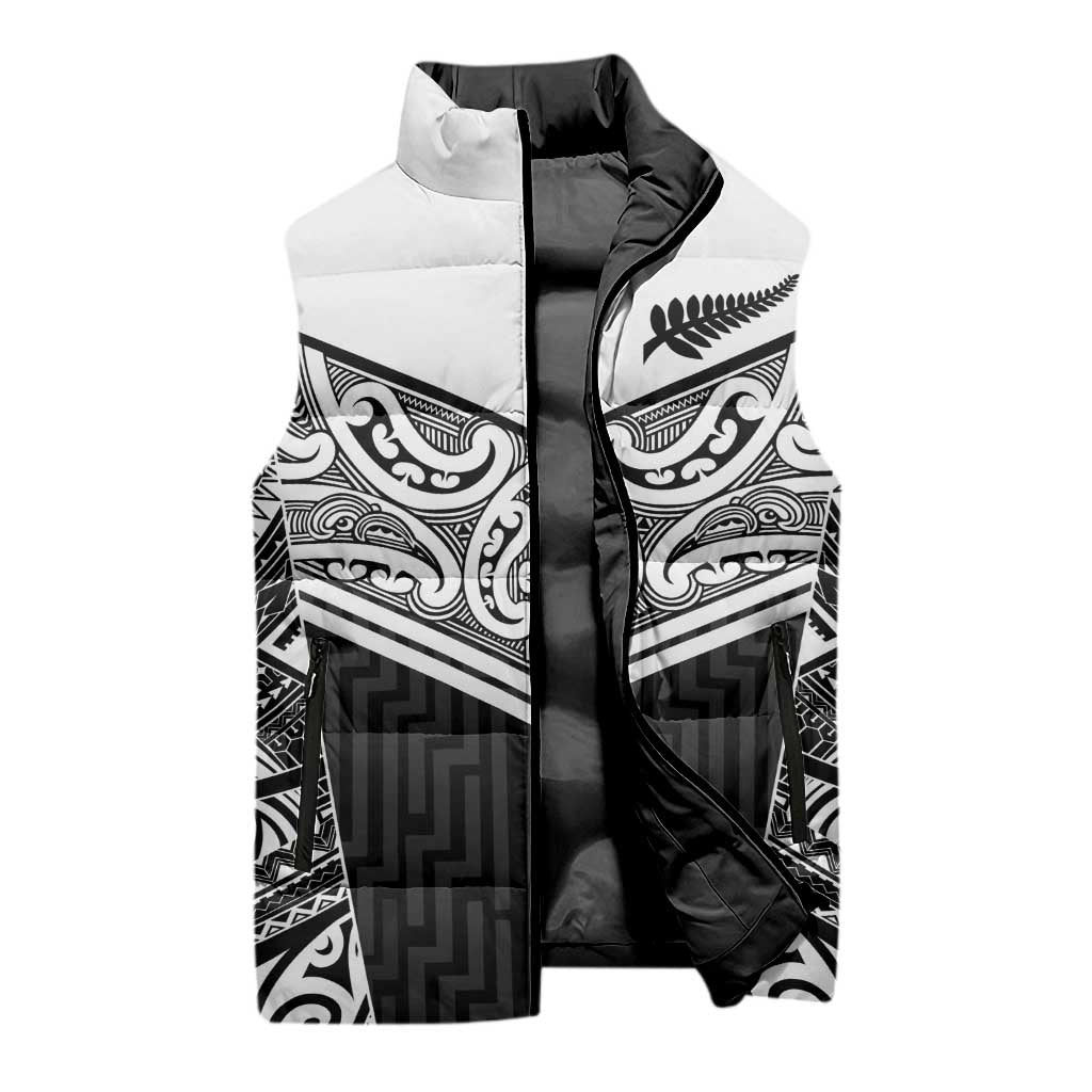 New Zealand Black Fern Custom Sleeveless Puffer Jacket Maori Tukutuku Black-white Motif - Polynesian Pride