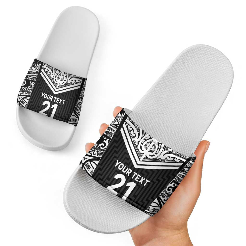 New Zealand Black Fern Custom Slide Sandals Maori Tukutuku Black-white Motif - Polynesian Pride