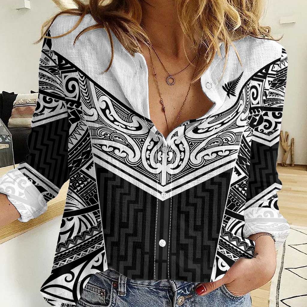 New Zealand Black Fern Custom Women Casual Shirt Maori Tukutuku Black-white Motif