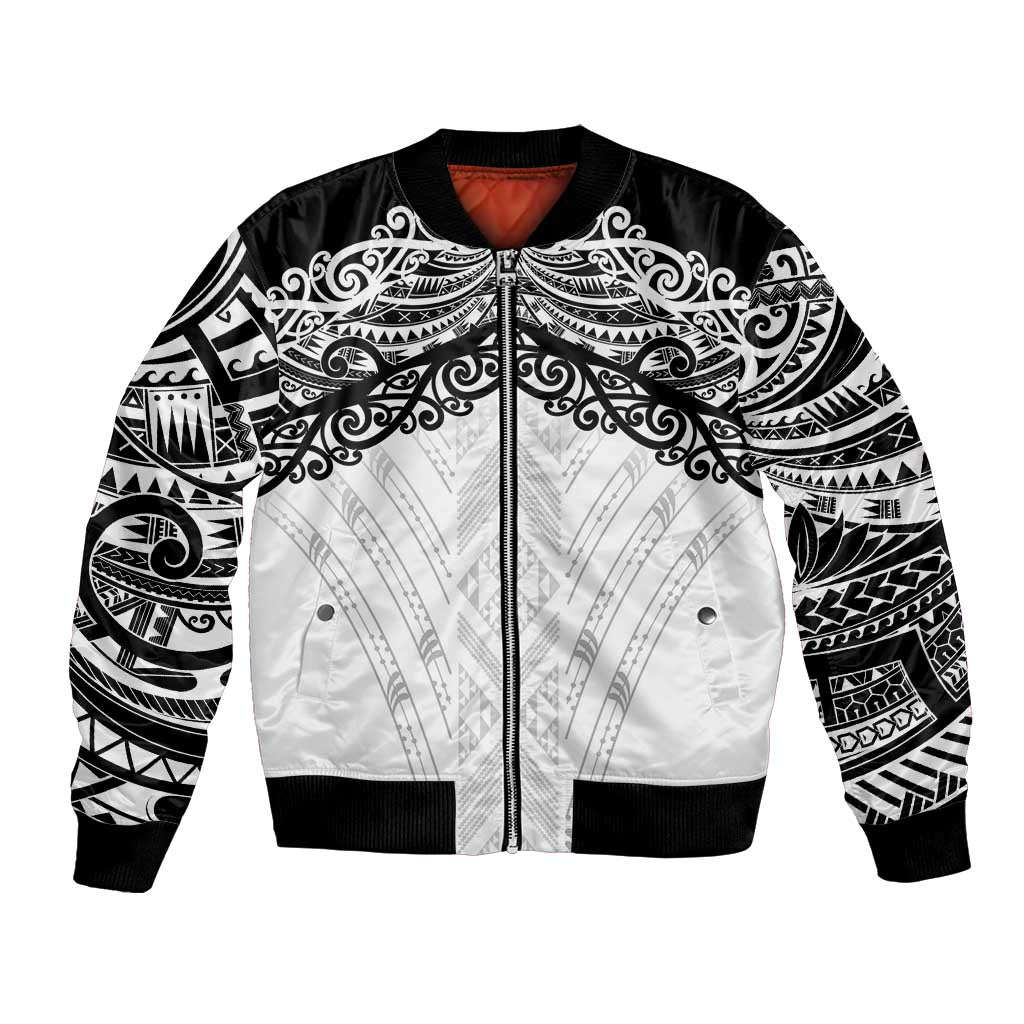 New Zealand Koru Fern Custom Bomber Jacket Simple Taniko Motif LT9 Unisex White - Polynesian Pride