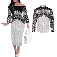 New Zealand Koru Fern Custom Couples Matching Off The Shoulder Long Sleeve Dress and Long Sleeve Button Shirt Simple Taniko Motif