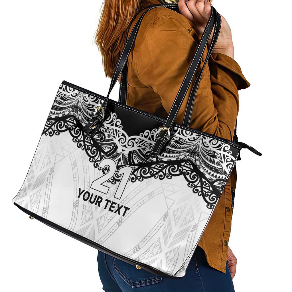 New Zealand Koru Fern Custom Leather Tote Bag Simple Taniko Motif LT9 - Polynesian Pride