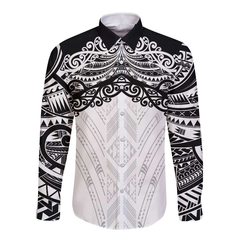 New Zealand Koru Fern Custom Long Sleeve Button Shirt Simple Taniko Motif LT9 Unisex White - Polynesian Pride