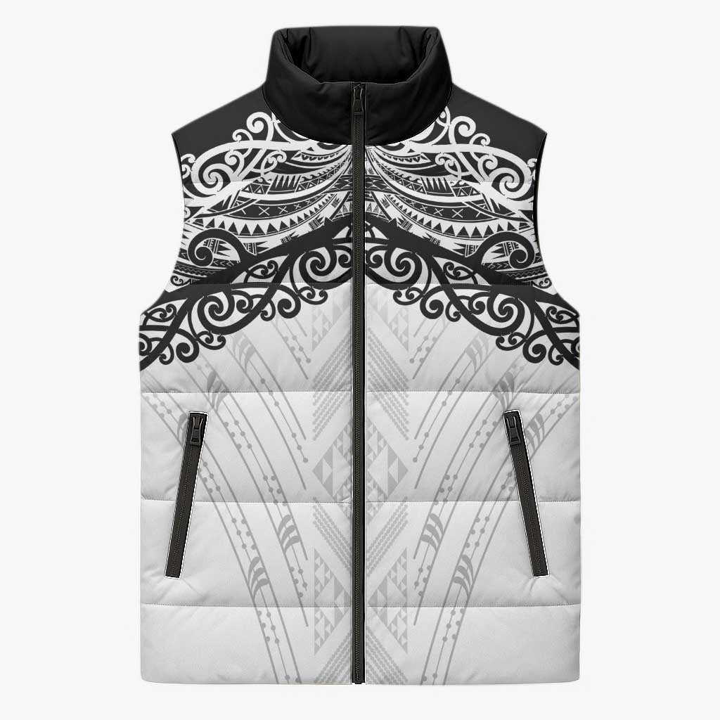 New Zealand Koru Fern Custom Sleeveless Puffer Jacket Simple Taniko Motif LT9 Unisex White - Polynesian Pride
