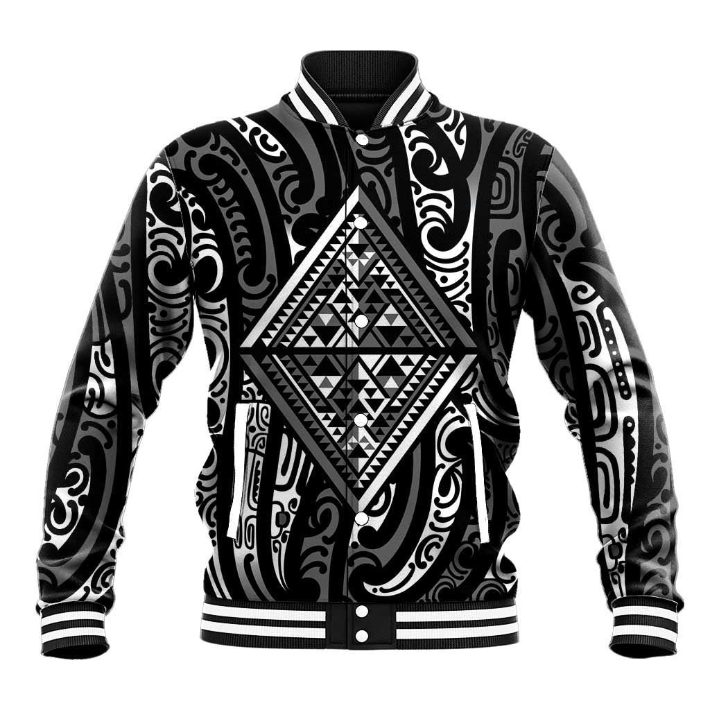 New Zealand Maori Taniko Baseball Jacket Black Kowhaiwhai Puhoro
