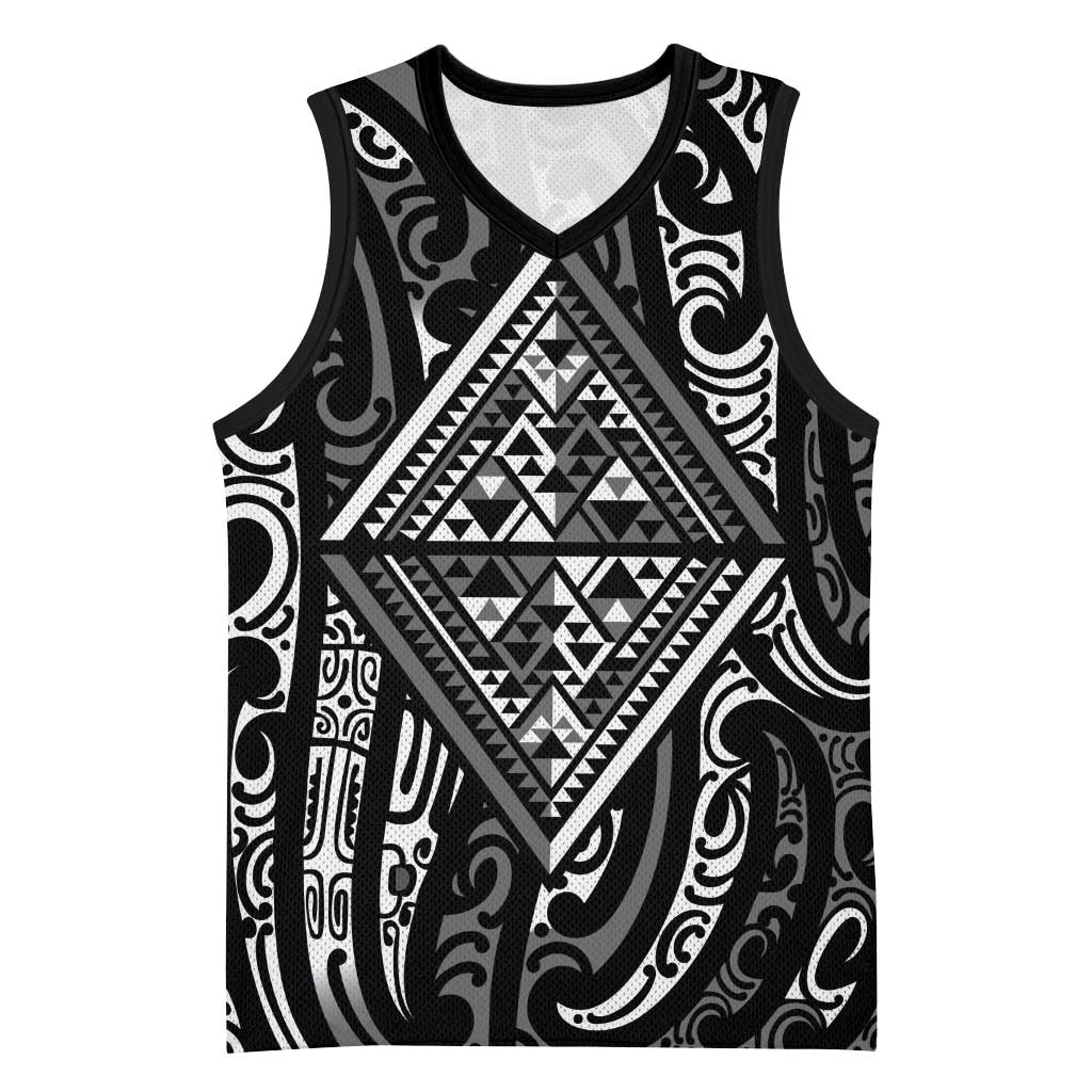 New Zealand Maori Taniko Basketball Jersey Black Kowhaiwhai Puhoro - Polynesian Pride