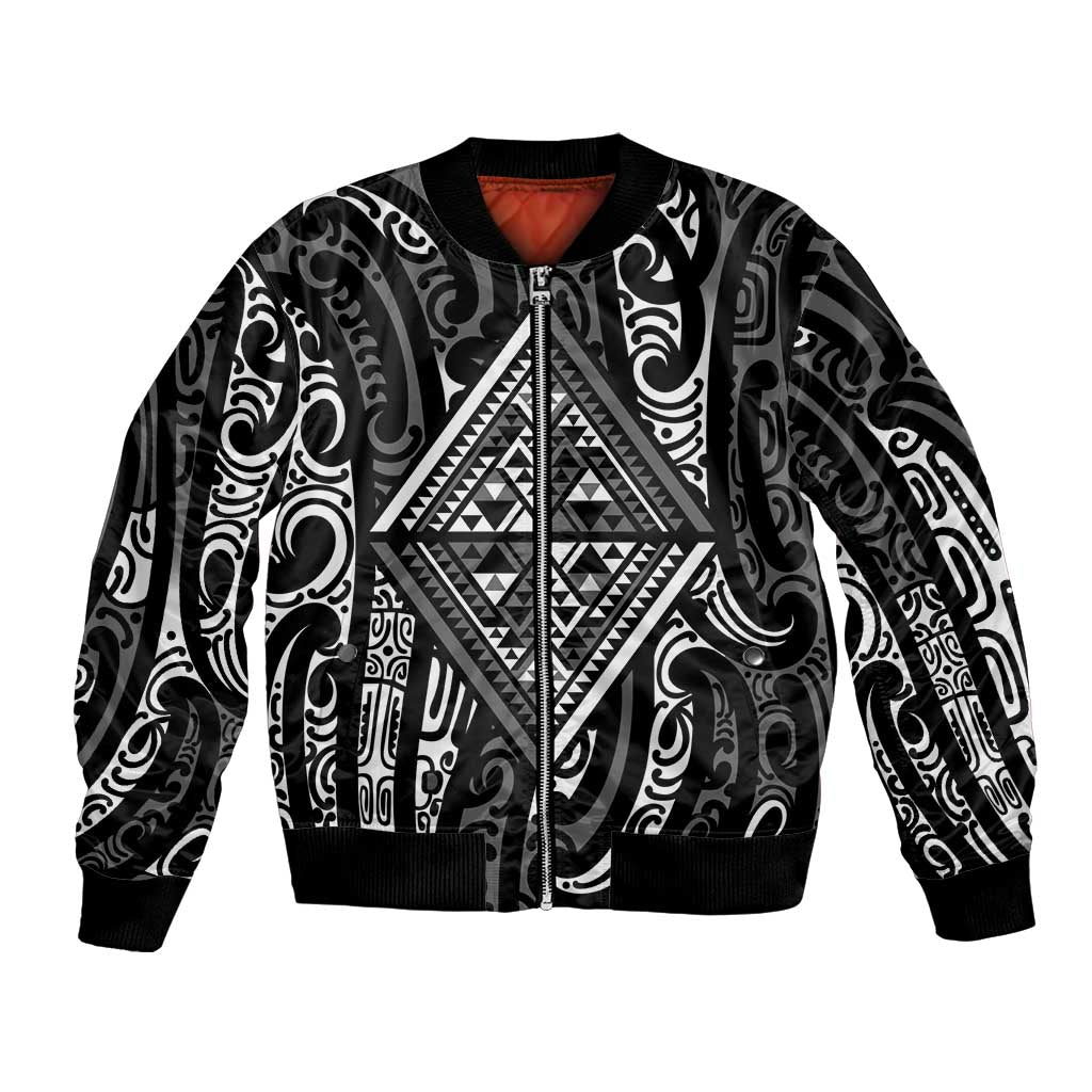 New Zealand Maori Taniko Bomber Jacket Black Kowhaiwhai Puhoro LT9 Unisex Black - Polynesian Pride