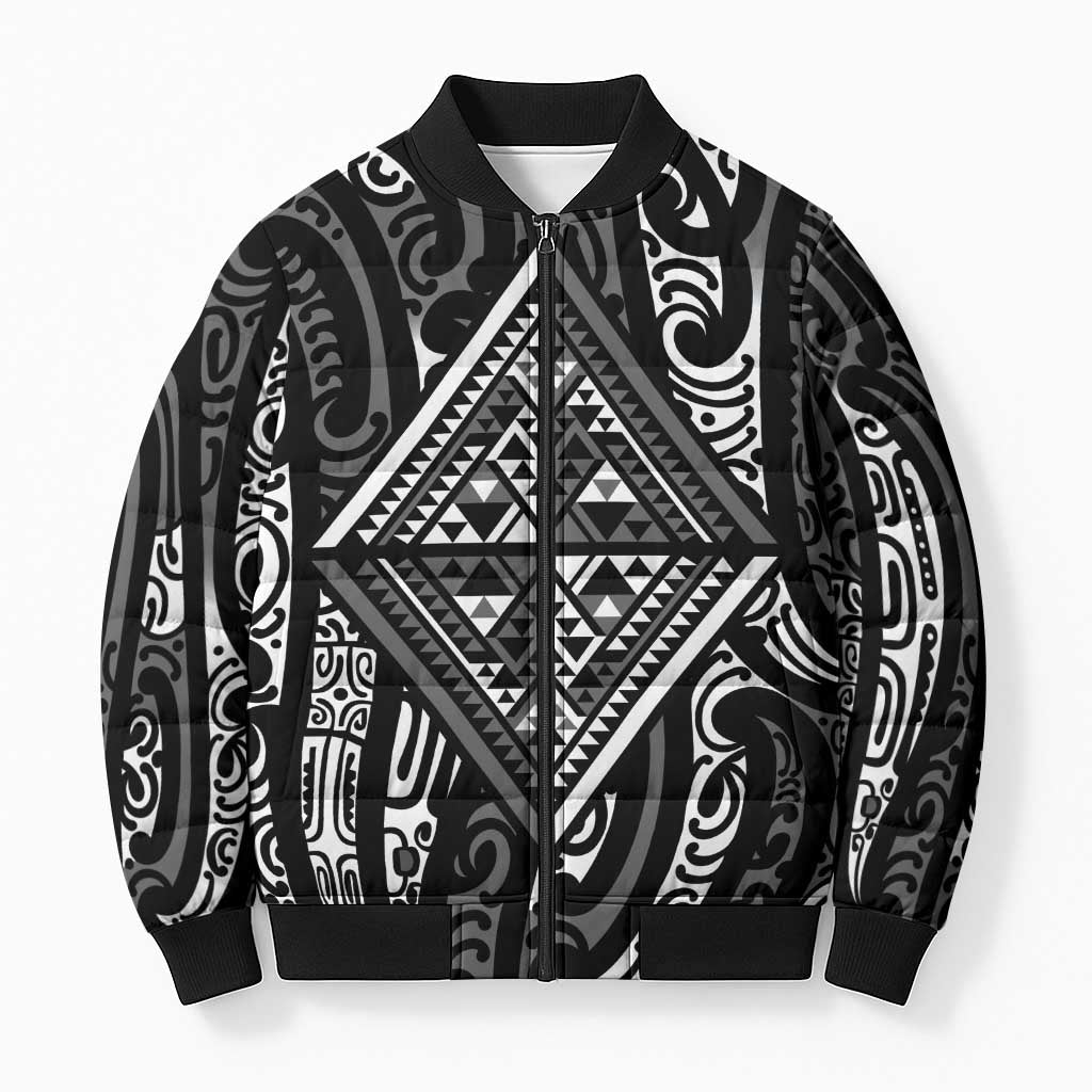 New Zealand Maori Taniko Bomber Puffer Jacket Black Kowhaiwhai Puhoro - Polynesian Pride