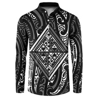 New Zealand Maori Taniko Button Sweatshirt Black Kowhaiwhai Puhoro LT9 Black - Polynesian Pride