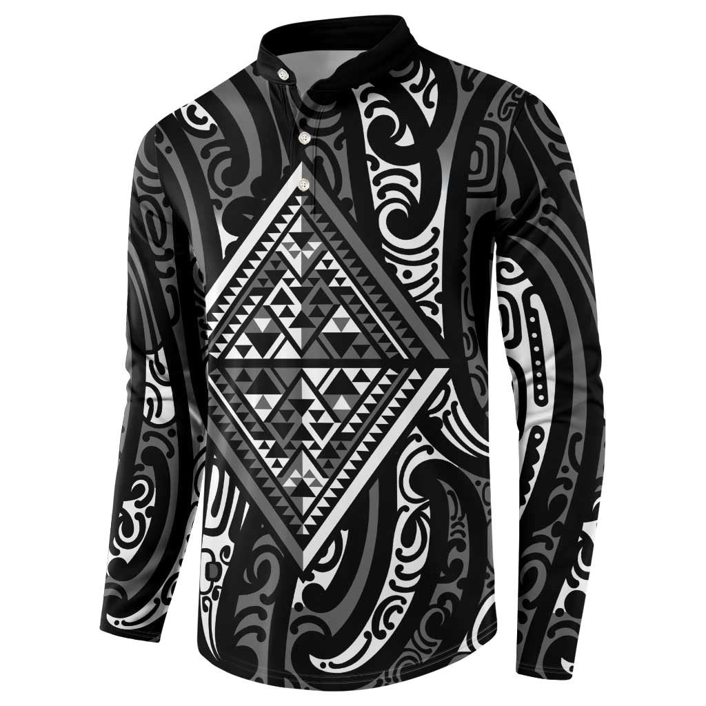 New Zealand Maori Taniko Button Sweatshirt Black Kowhaiwhai Puhoro LT9 - Polynesian Pride