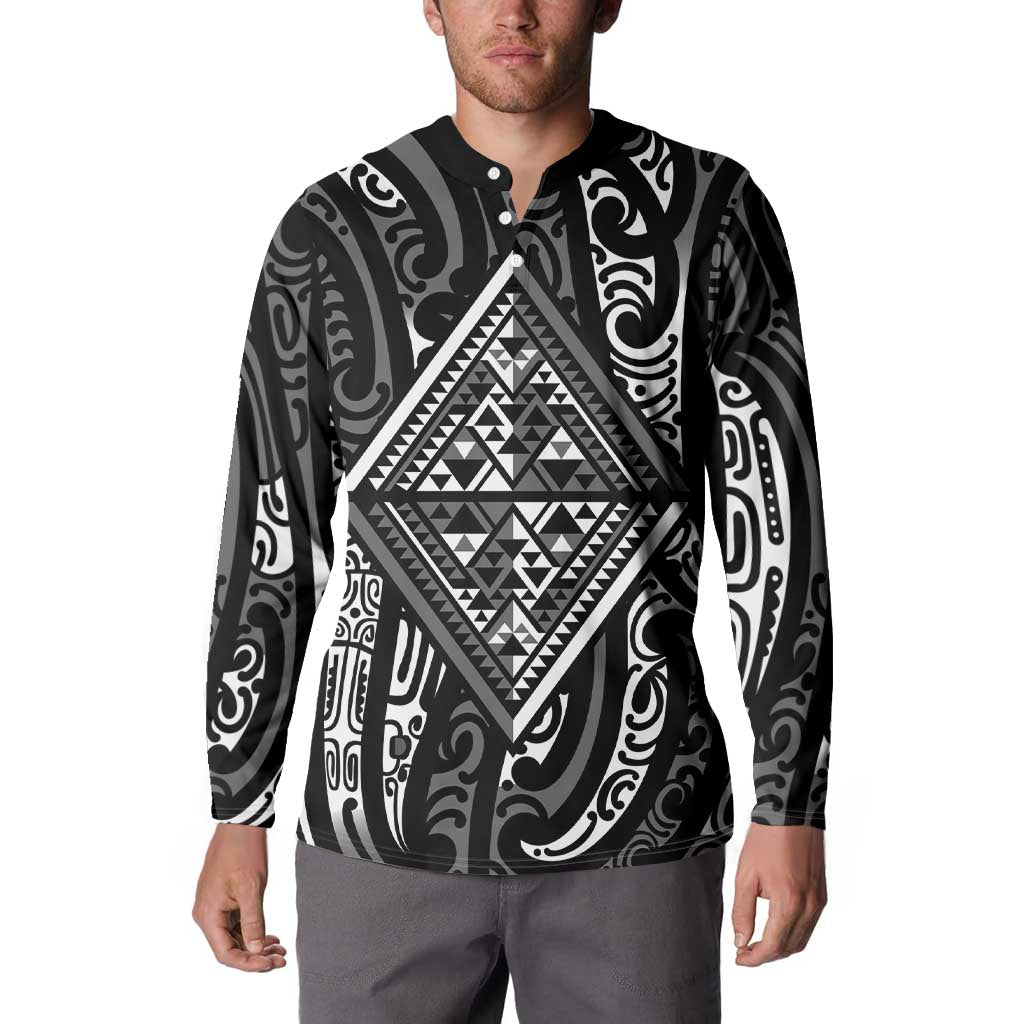 New Zealand Maori Taniko Button Sweatshirt Black Kowhaiwhai Puhoro LT9 - Polynesian Pride
