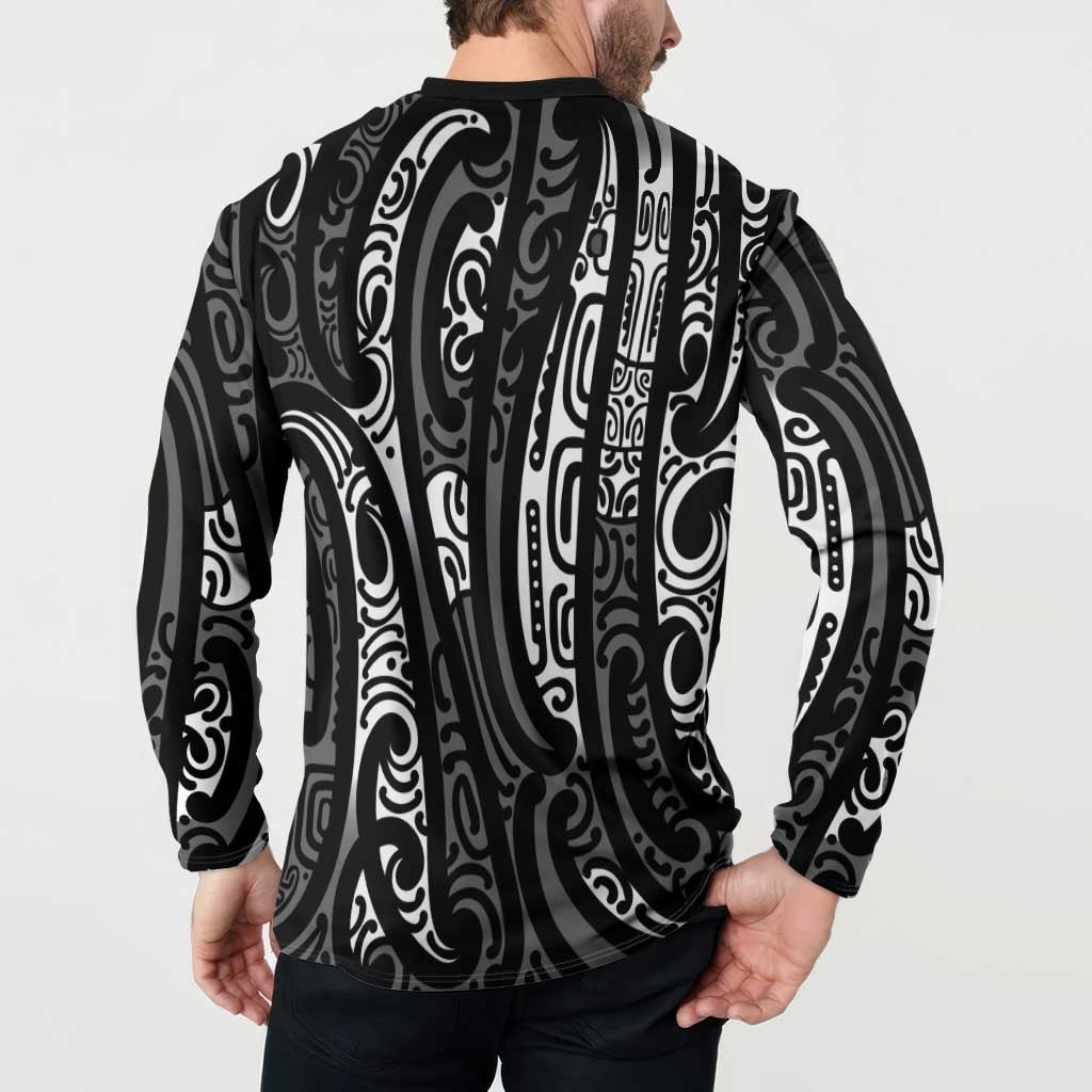 New Zealand Maori Taniko Button Sweatshirt Black Kowhaiwhai Puhoro LT9 - Polynesian Pride
