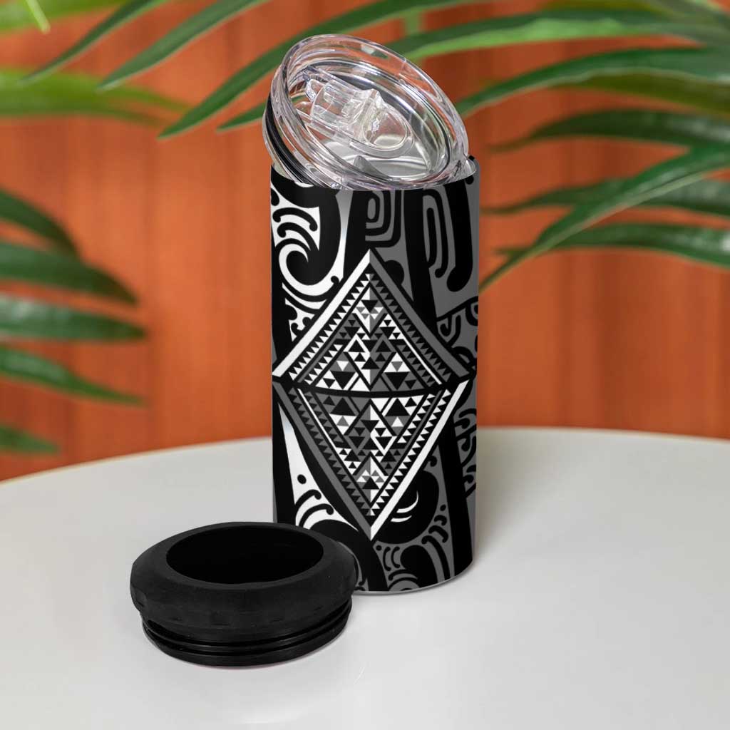 New Zealand Maori Taniko 4 in 1 Can Cooler Tumbler Black Kowhaiwhai Puhoro
