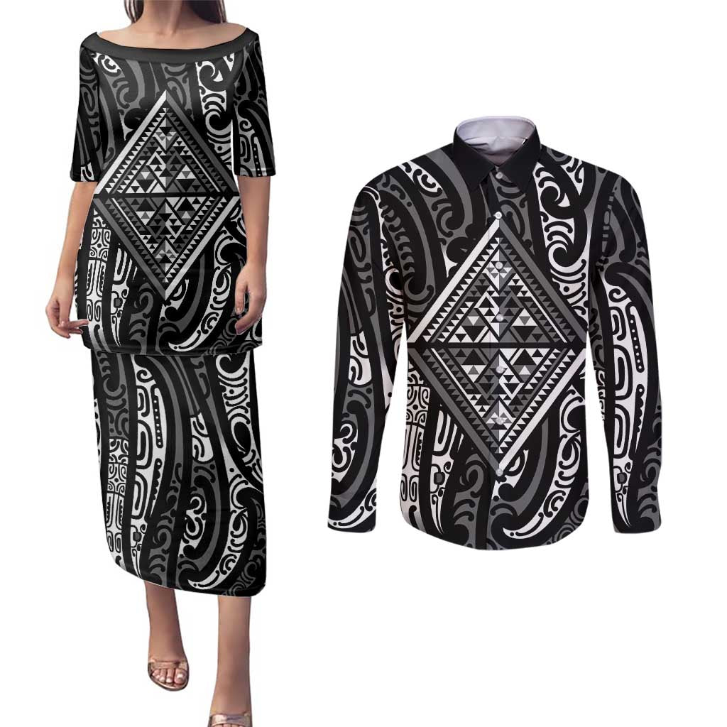 New Zealand Maori Taniko Couples Matching Puletasi and Long Sleeve Button Shirt Black Kowhaiwhai Puhoro