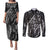 New Zealand Maori Taniko Couples Matching Puletasi and Long Sleeve Button Shirt Black Kowhaiwhai Puhoro