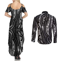 New Zealand Maori Taniko Couples Matching Summer Maxi Dress and Long Sleeve Button Shirt Black Kowhaiwhai Puhoro LT9 - Polynesian Pride