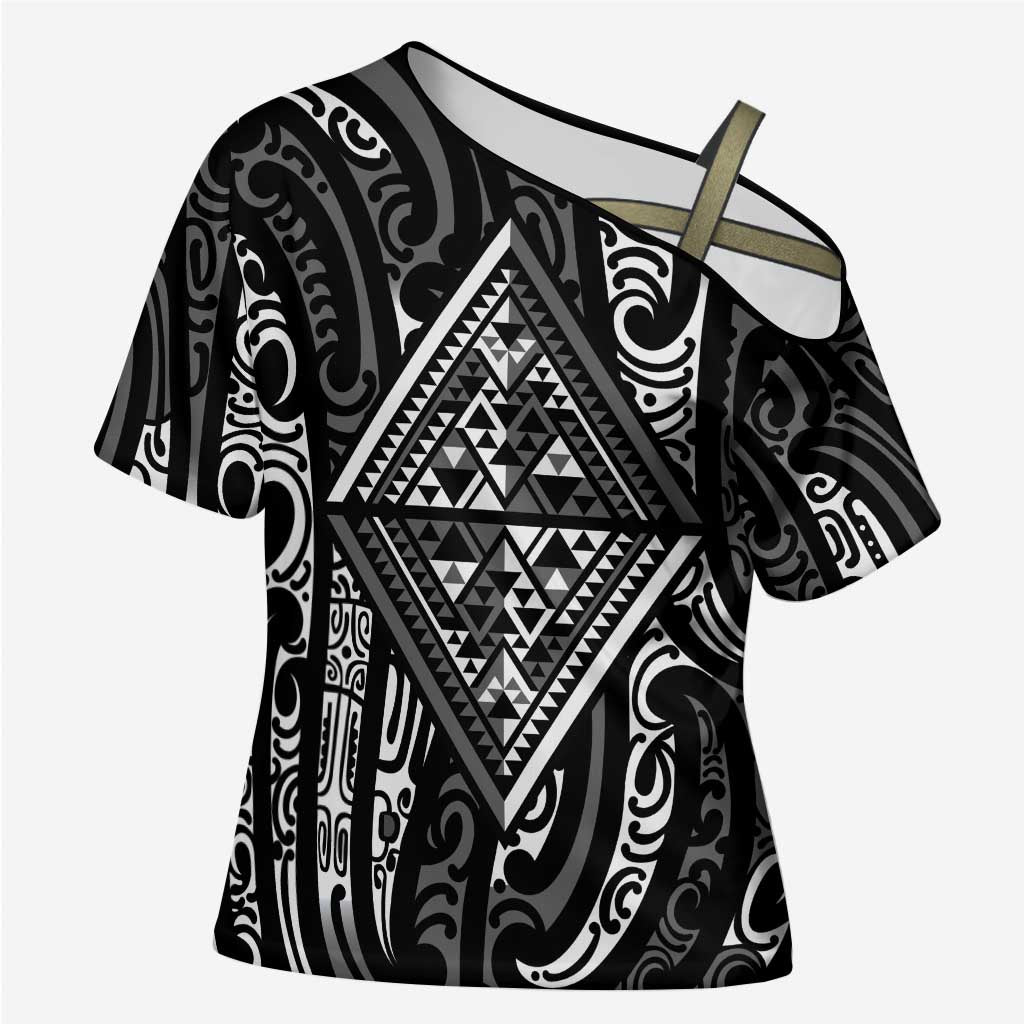 New Zealand Maori Taniko Cross Shoulder Shirt Black Kowhaiwhai Puhoro - Polynesian Pride