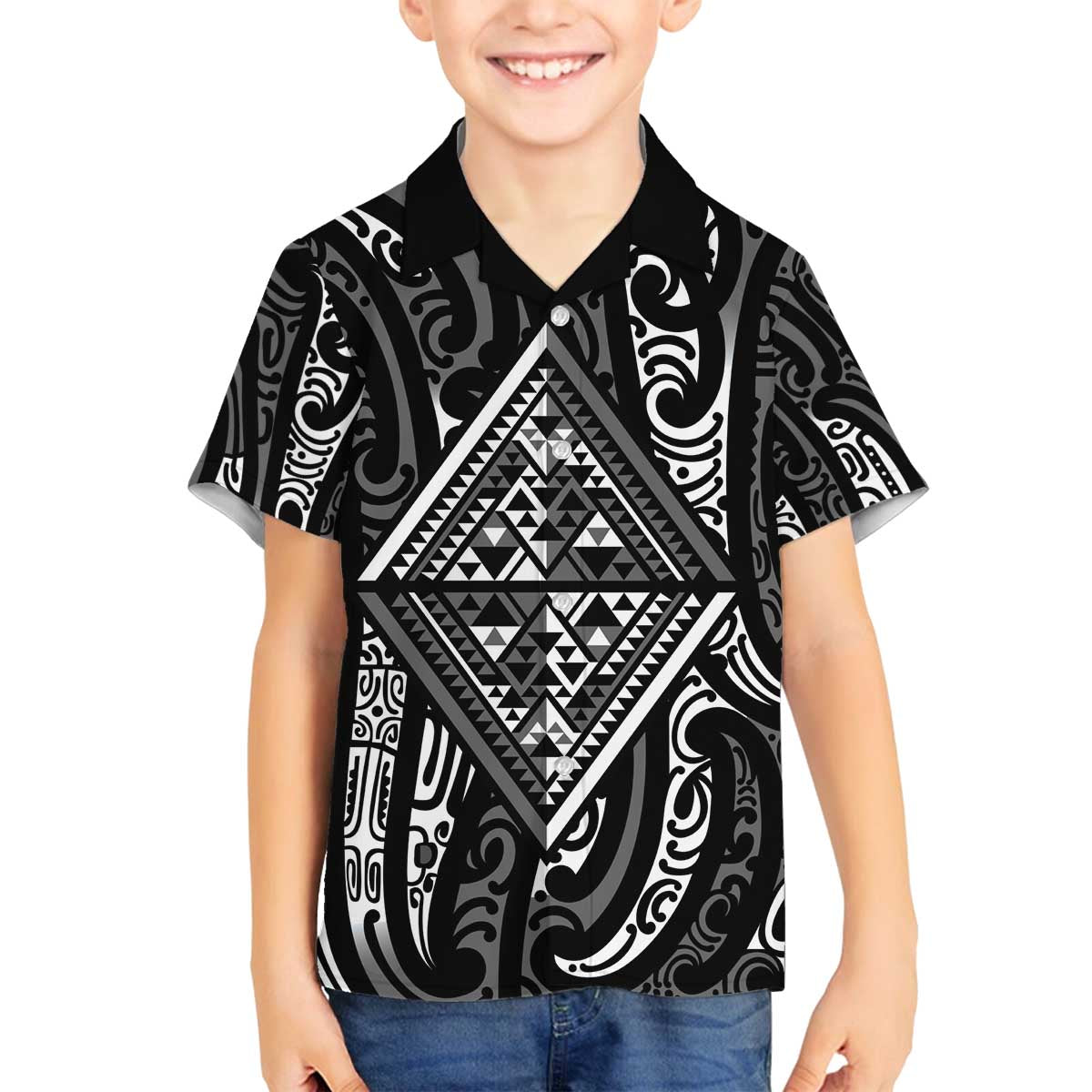 New Zealand Maori Taniko Family Matching Off The Shoulder Long Sleeve Dress and Hawaiian Shirt Black Kowhaiwhai Puhoro